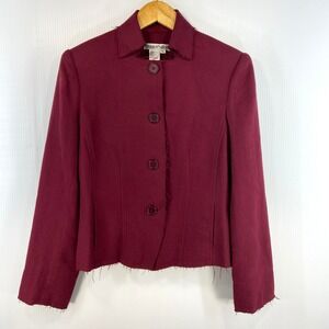 WinterSilks Maroon Burgundy Red Silk Wool Blend Raw Hem Blazer Jacket Womens 8